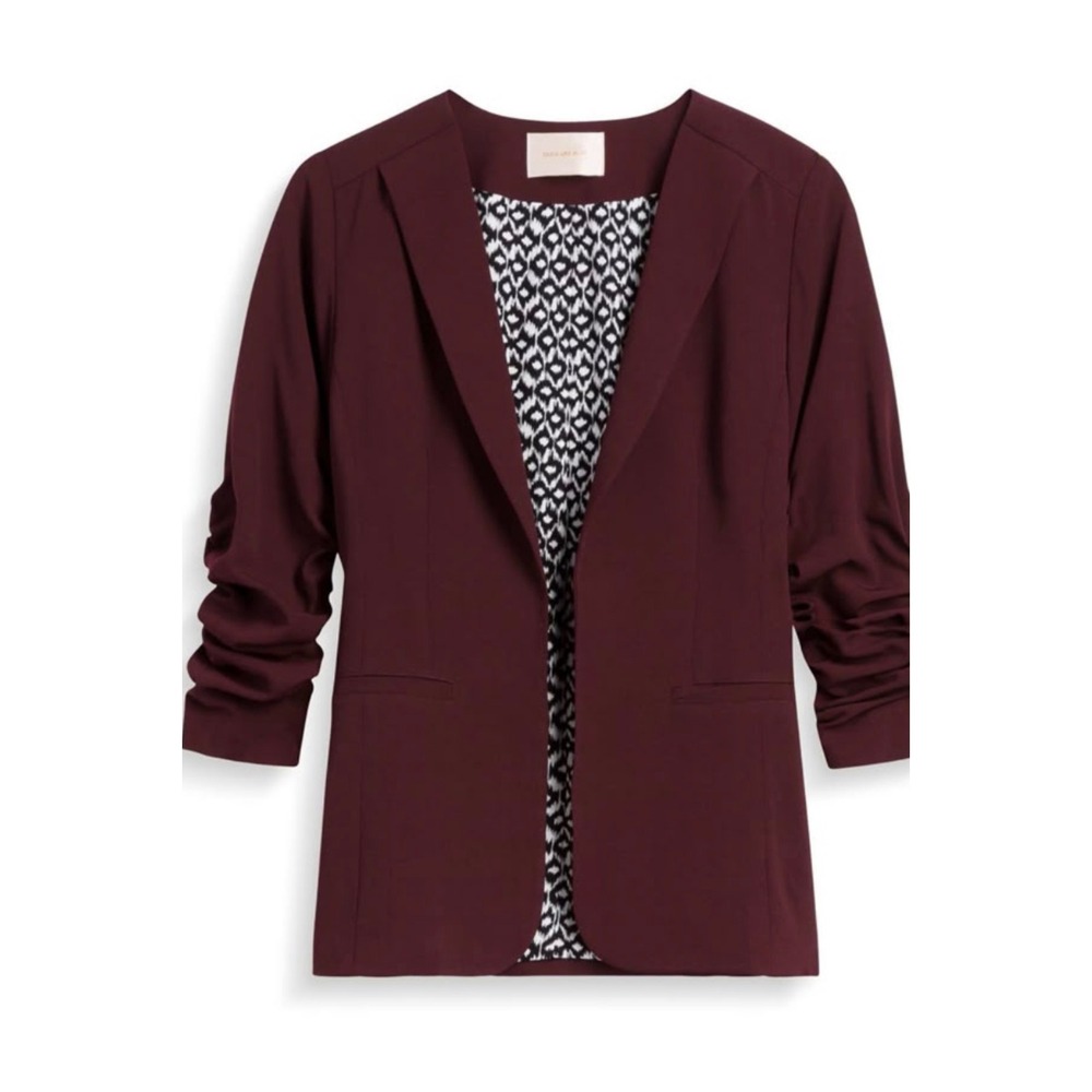 Skies Are Blue Burgundy Blazer Sz M Ruched 3/4 Sleeve Ikat Geometric Liner